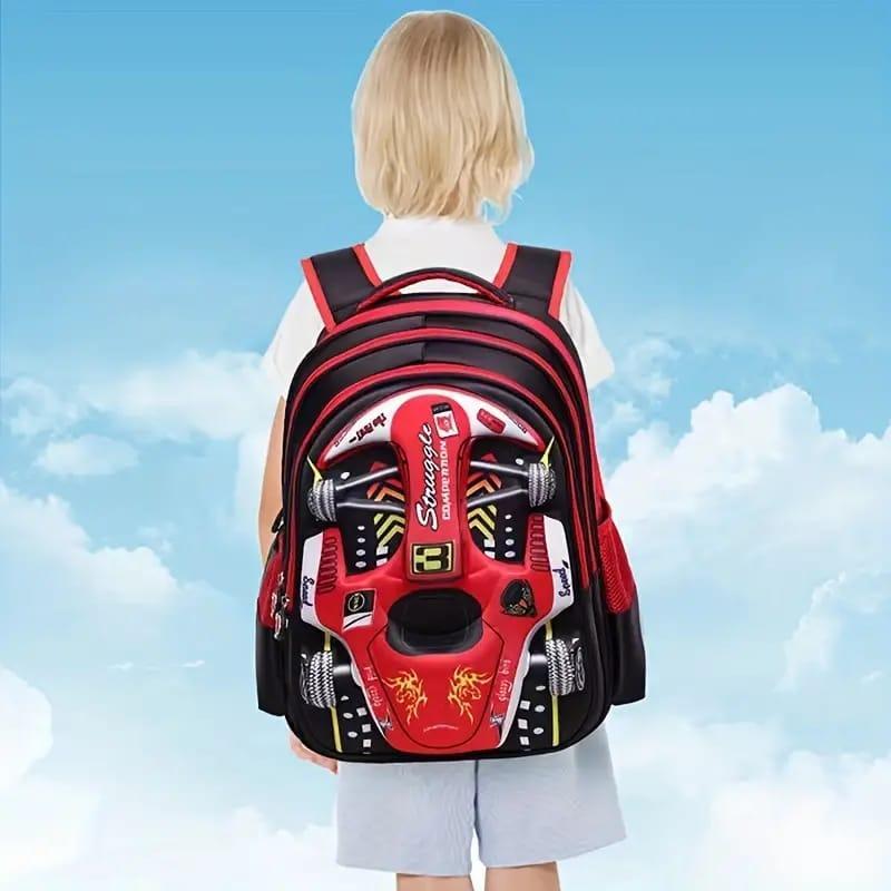 Kids Racing Car Nylon Backpack | Lightweight School Bag for Boys & Girls | Durable Travel & Casual Backpack (Blue)
